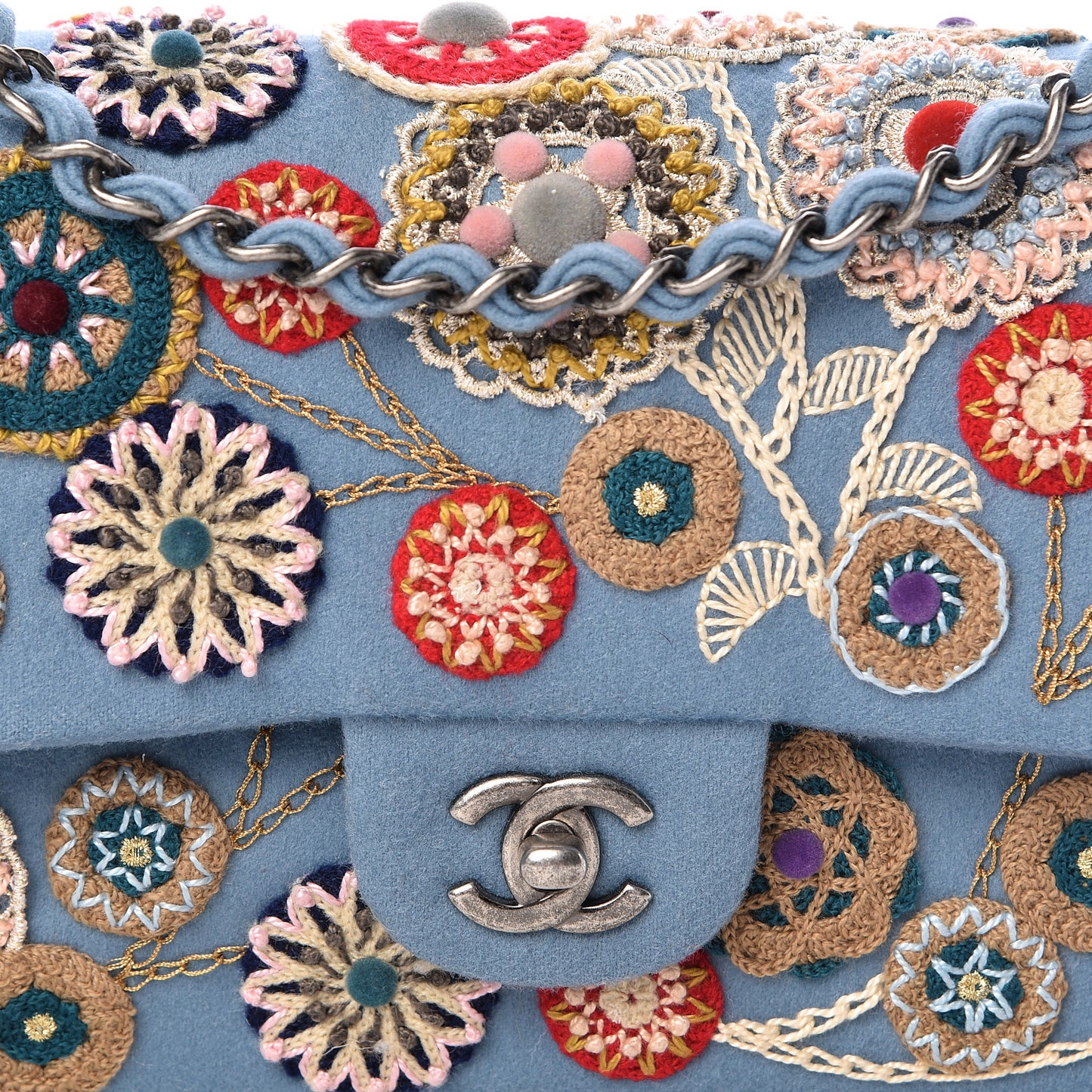 Felt Flower Embroidered Medium Double Flap Blue Multicolor