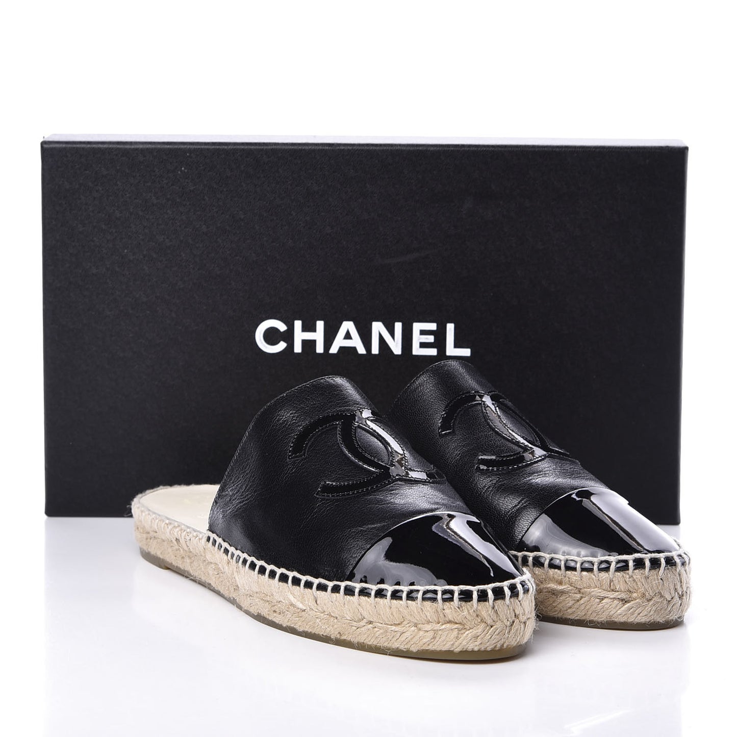 Goatskin Patent CC Espadrille Mules 37 Black