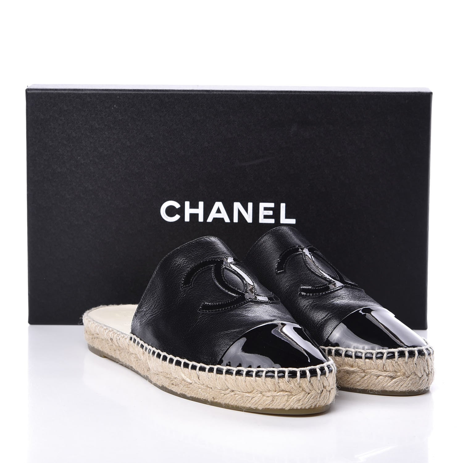 Chanel Goatskin Patent CC Espadrille Mules 37 Black 9 of 9