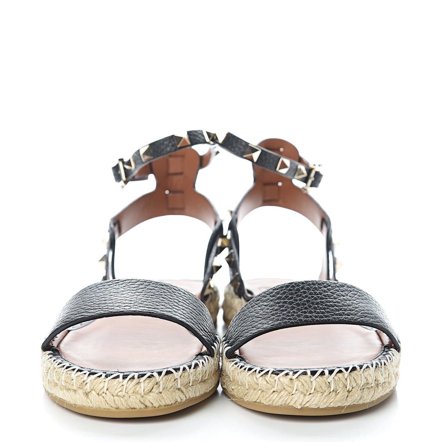Grained Calfskin Rockstud Ankle Strap Espadrille Flat Sandals 37 Black