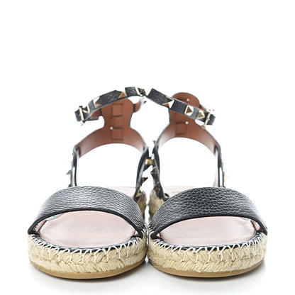 Valentino Garavani Grained Calfskin Rockstud Ankle Strap Espadrille Flat Sandals 37 Black 2 of 9