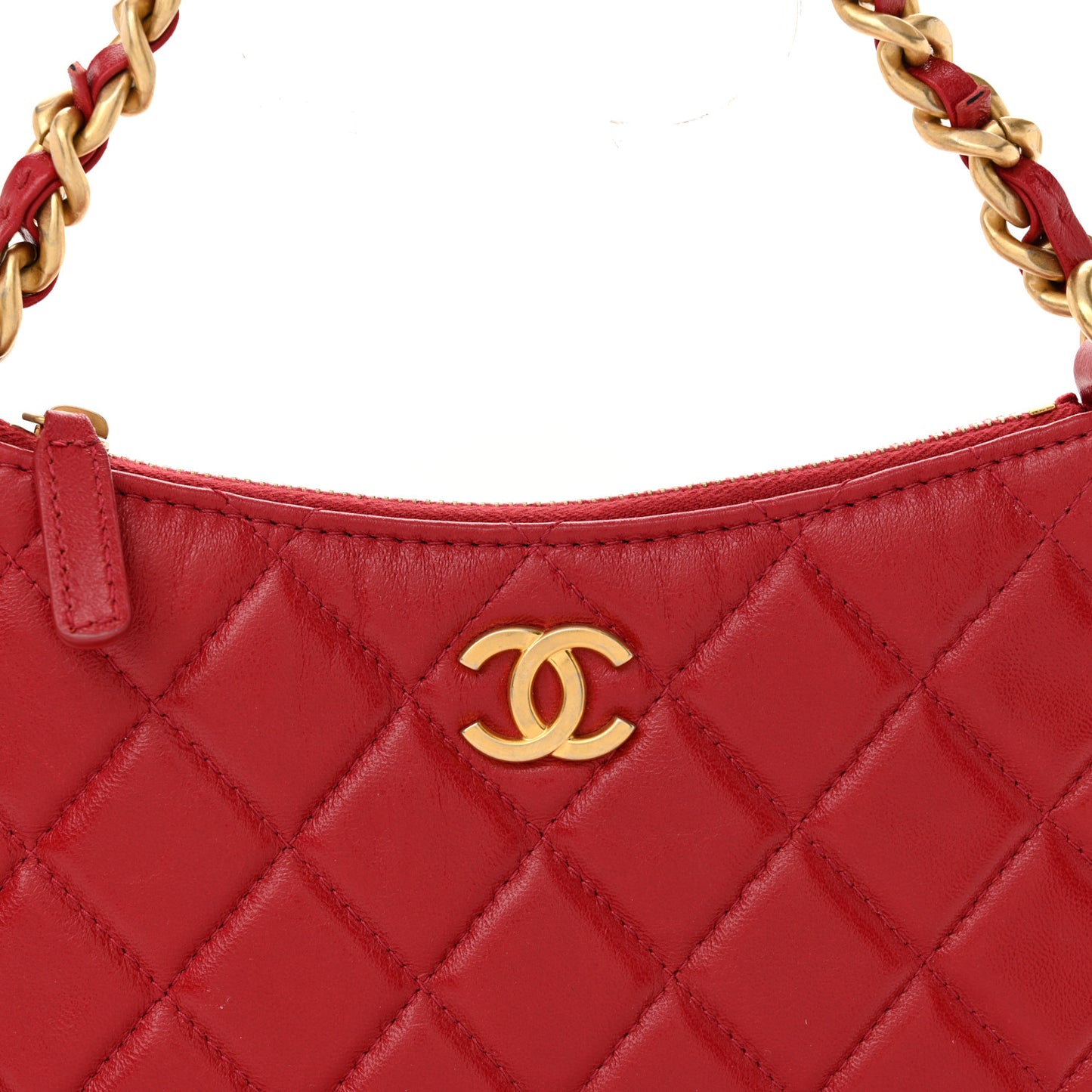 Shiny Crumpled Lambskin Quilted Trendy Chain Around Hobo Red