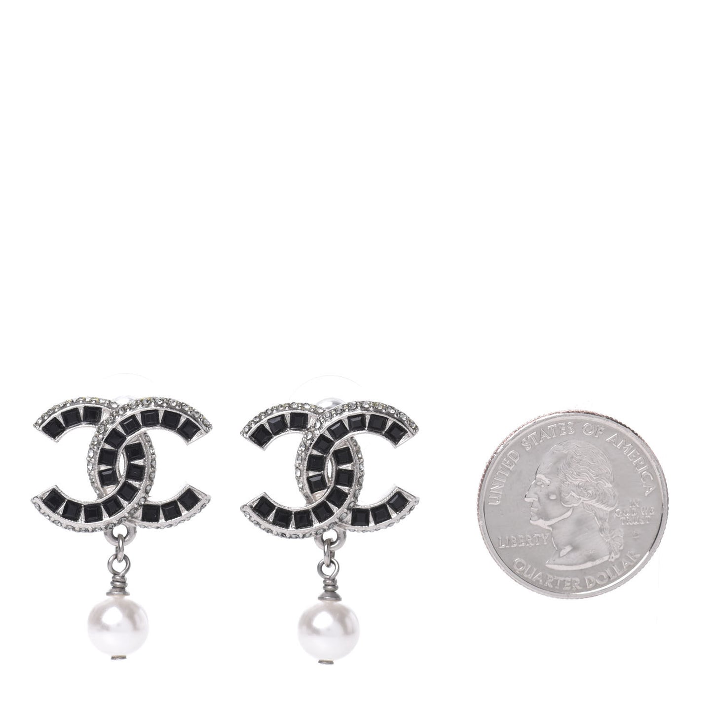 Baguette Crystal Pearl CC Drop Earrings Silver Black