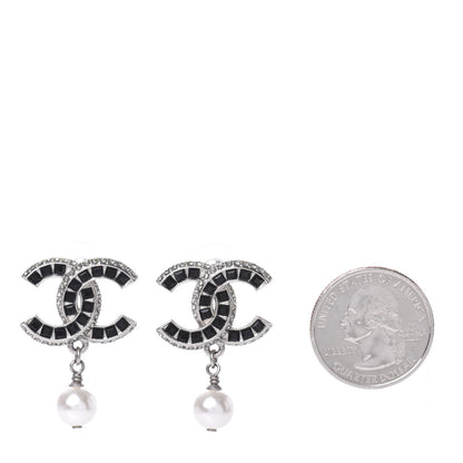 Chanel Baguette Crystal Pearl CC Drop Earrings Silver Black 3 of 8