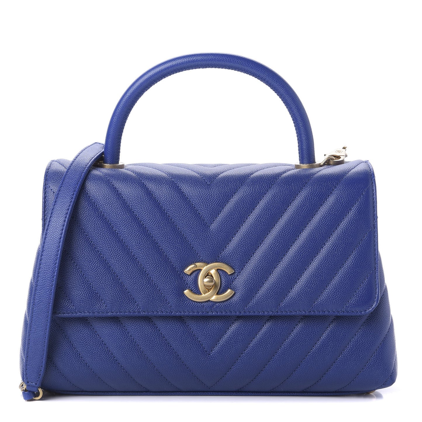 Caviar Chevron Quilted Small Coco Handle Flap Blue