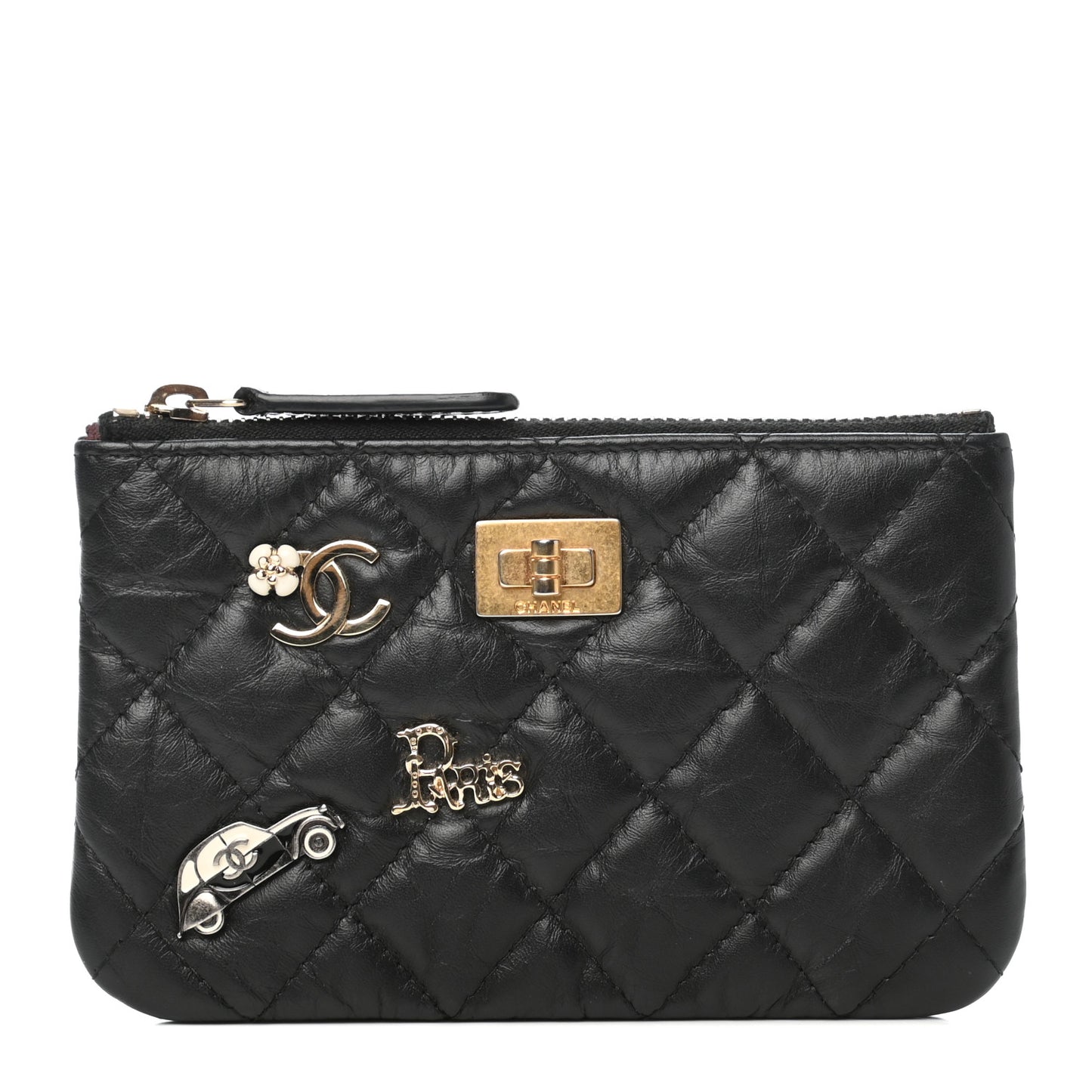 Aged Calfskin Charm Quilted Small Reissue Cosmetic Case Black