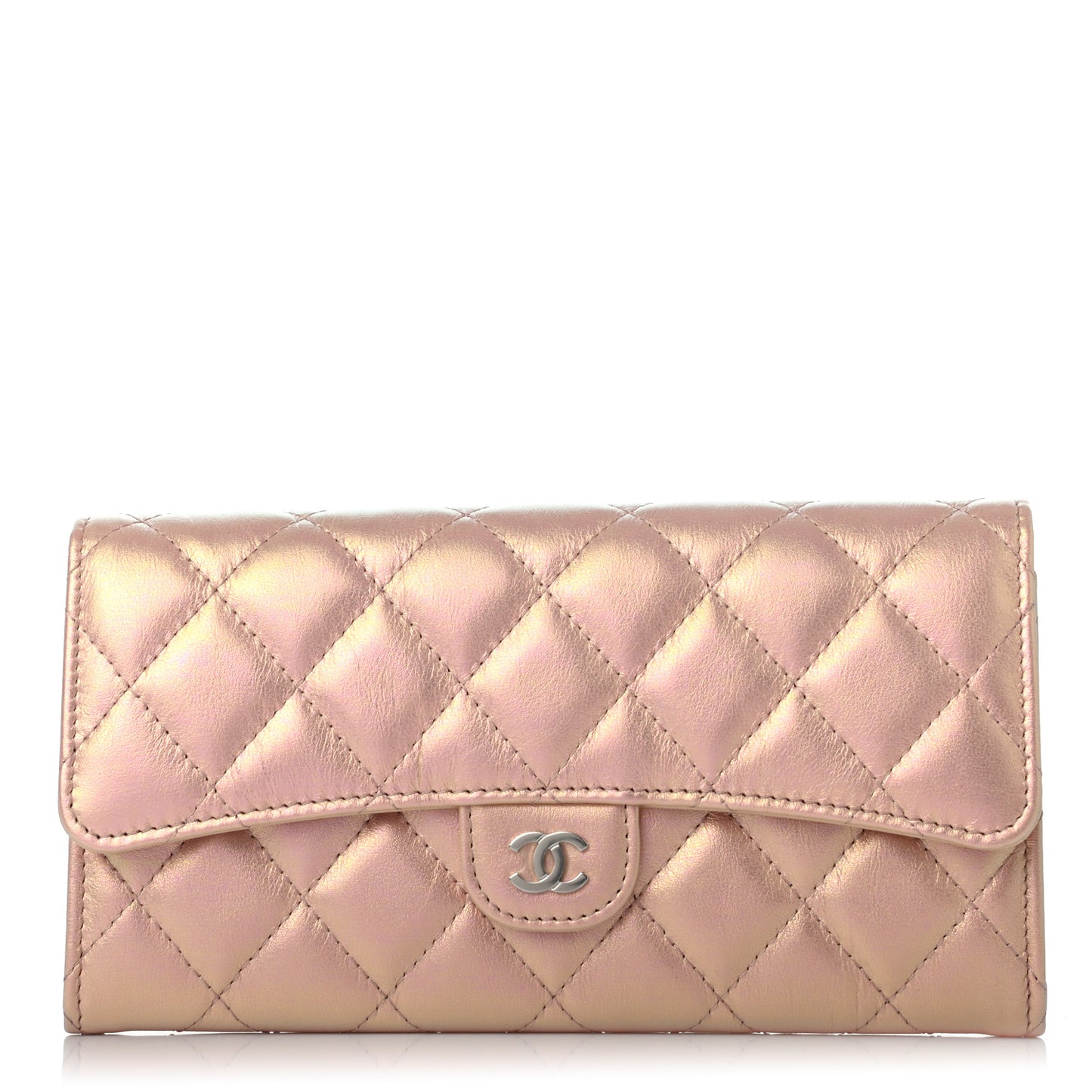 Iridescent Calfskin Quilted Large Gusset Flap Wallet Pink