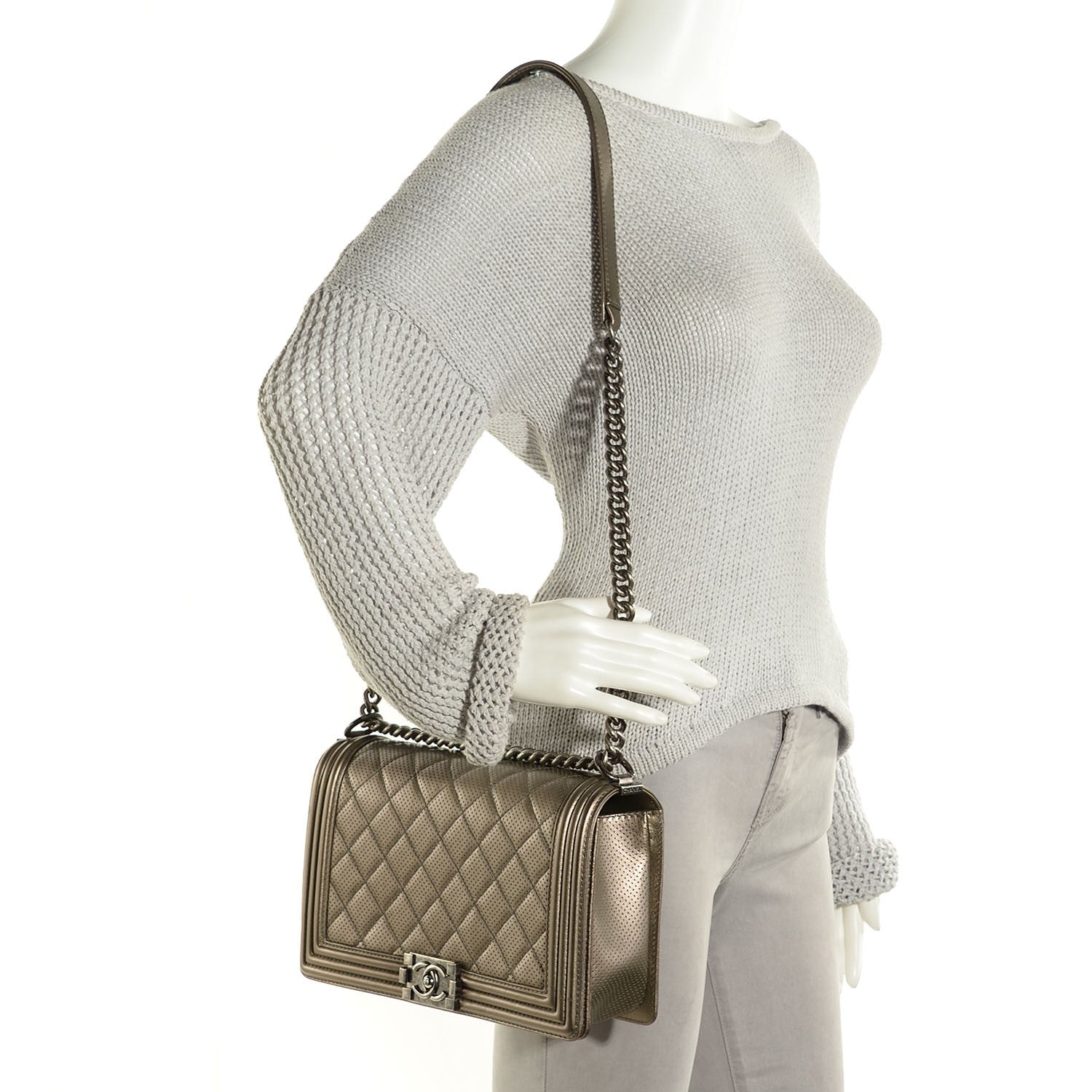 Chanel Metallic Lambskin Perforated New Medium Boy Flap Silver 2 of 9