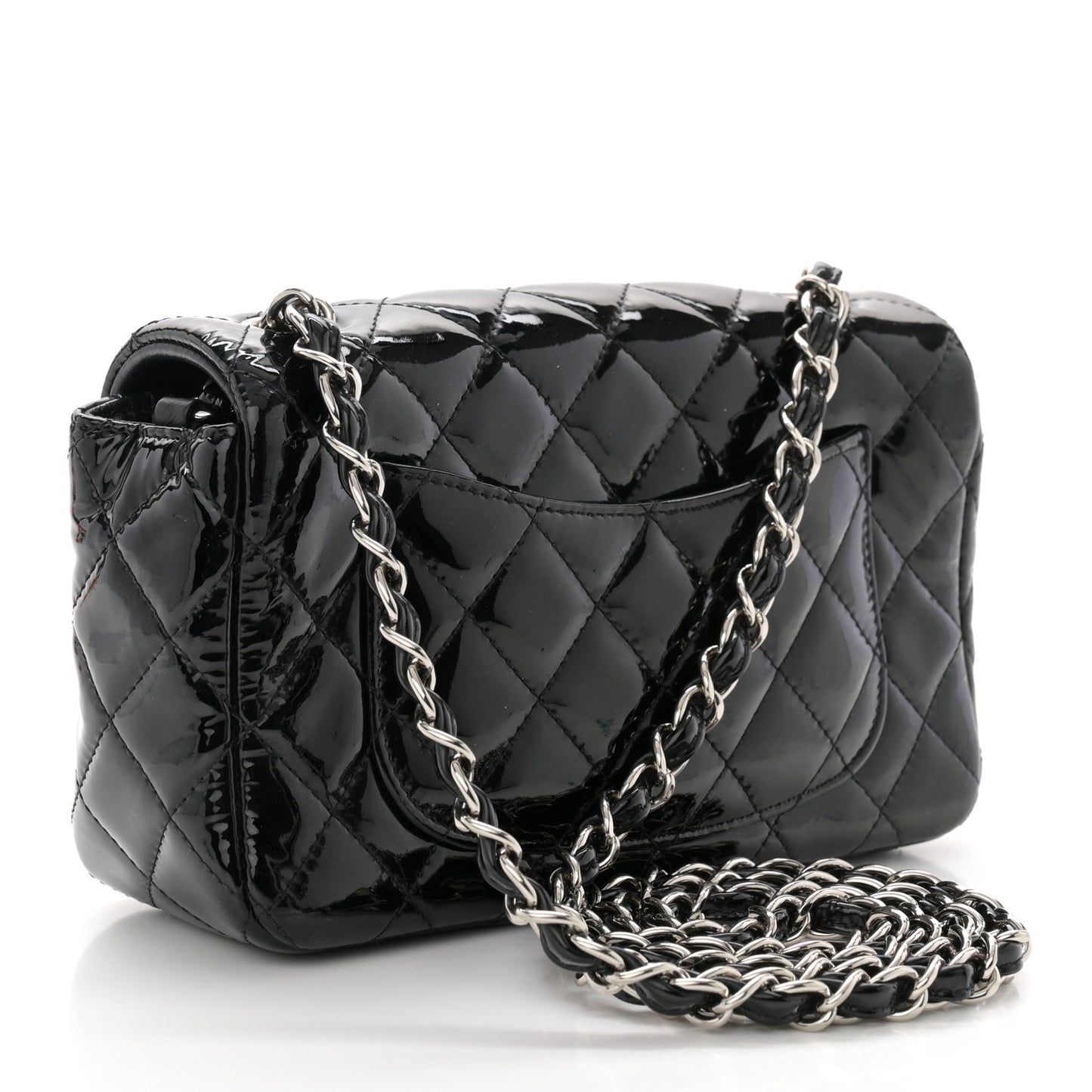 Patent Calfskin Quilted Mini Rectangular Flap Black