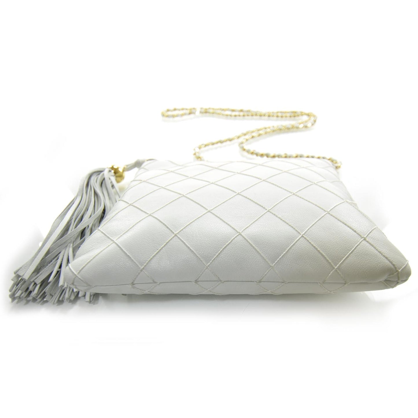 Lambskin Diamond Stitched Crossbody Tassel Bag White