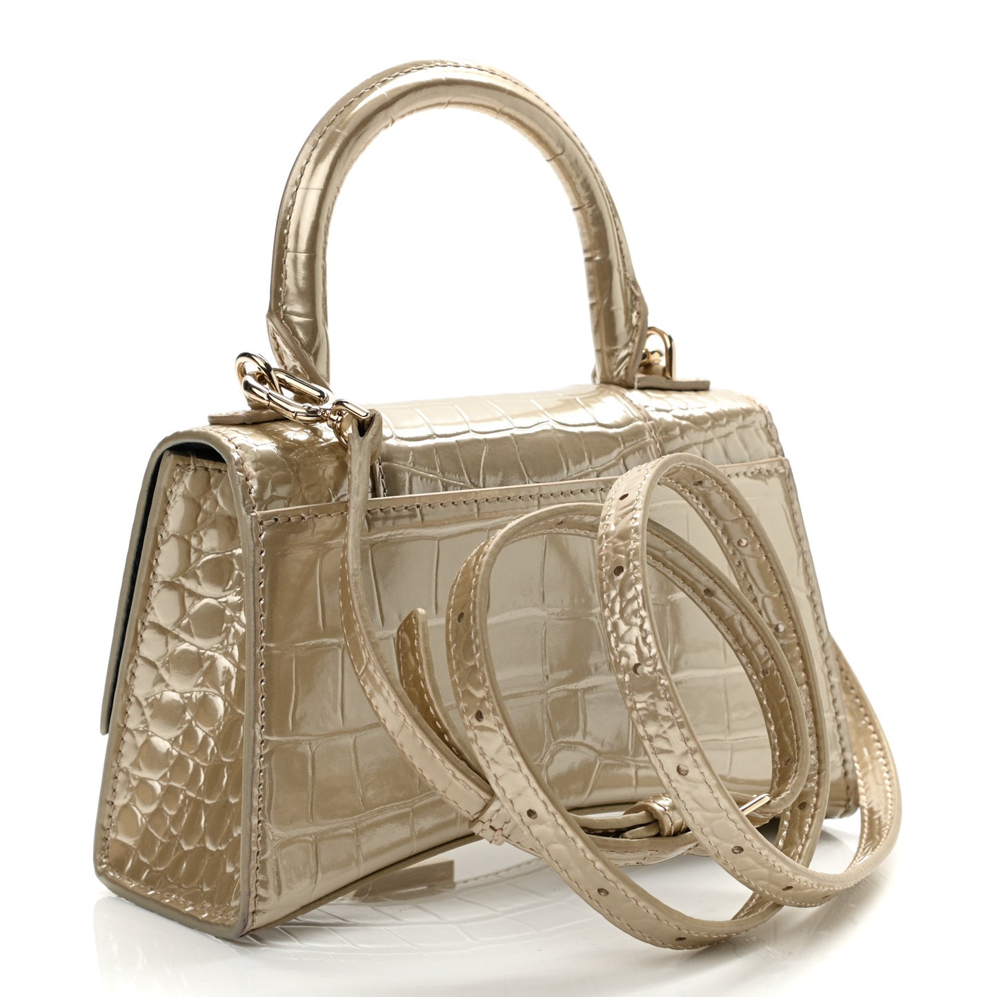 Metallic Shiny Calfskin Crocodile Embossed Hourglass Top Handle Bag XS Light Gold