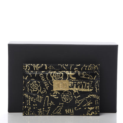 Chanel Calfskin Crocodile Embossed Graffiti 2.55 Cocodile Reissue Card Holder Black Gold 9 of 9