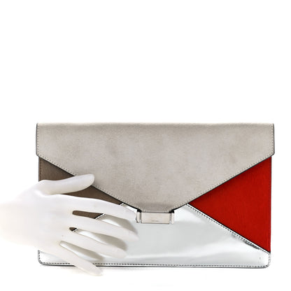 Celine Calfskin Suede Pony Hair Patent Tri-Color Diamond Clutch White Silver Red 2 of 11