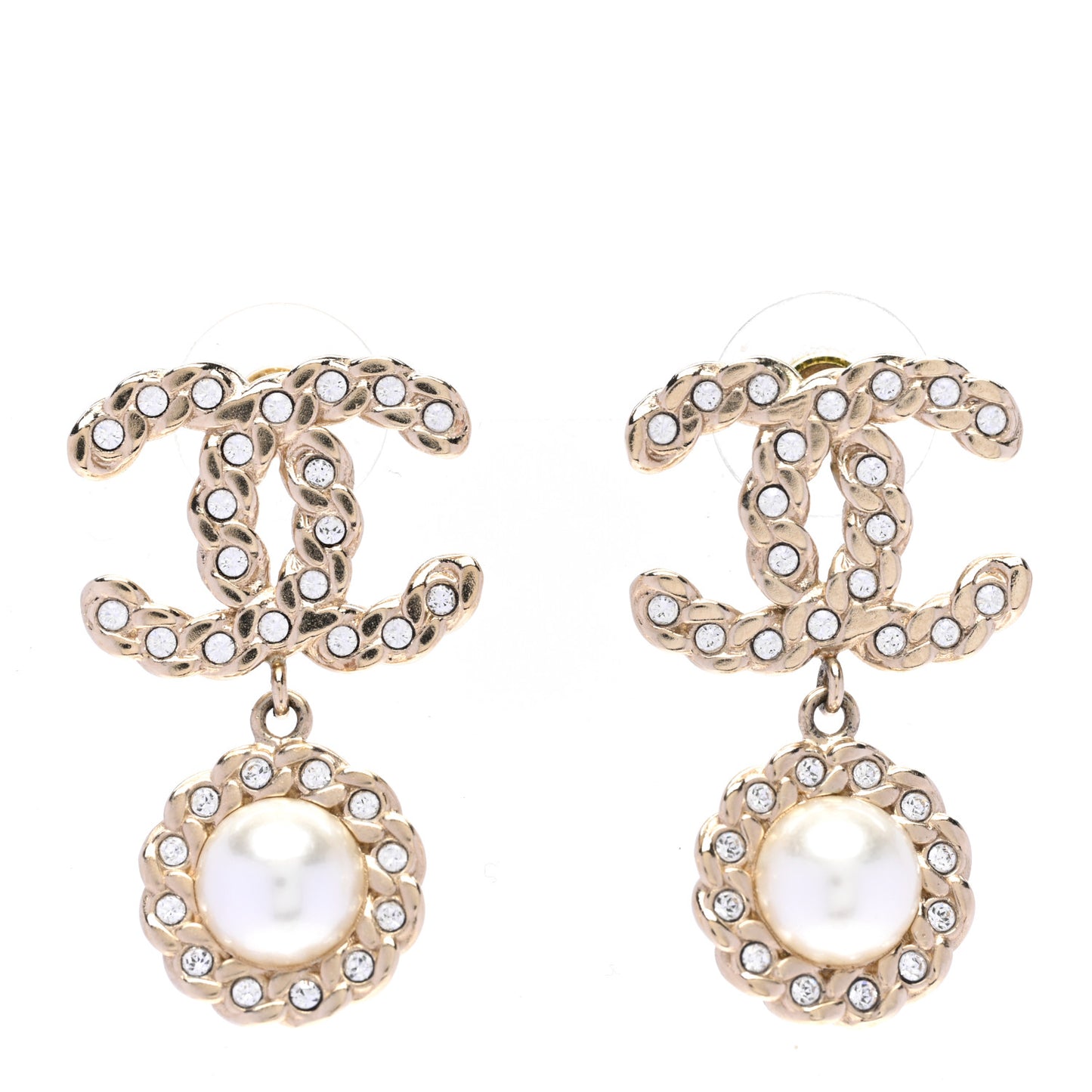 Crystal CC Pearl Drop Earrings Light Gold