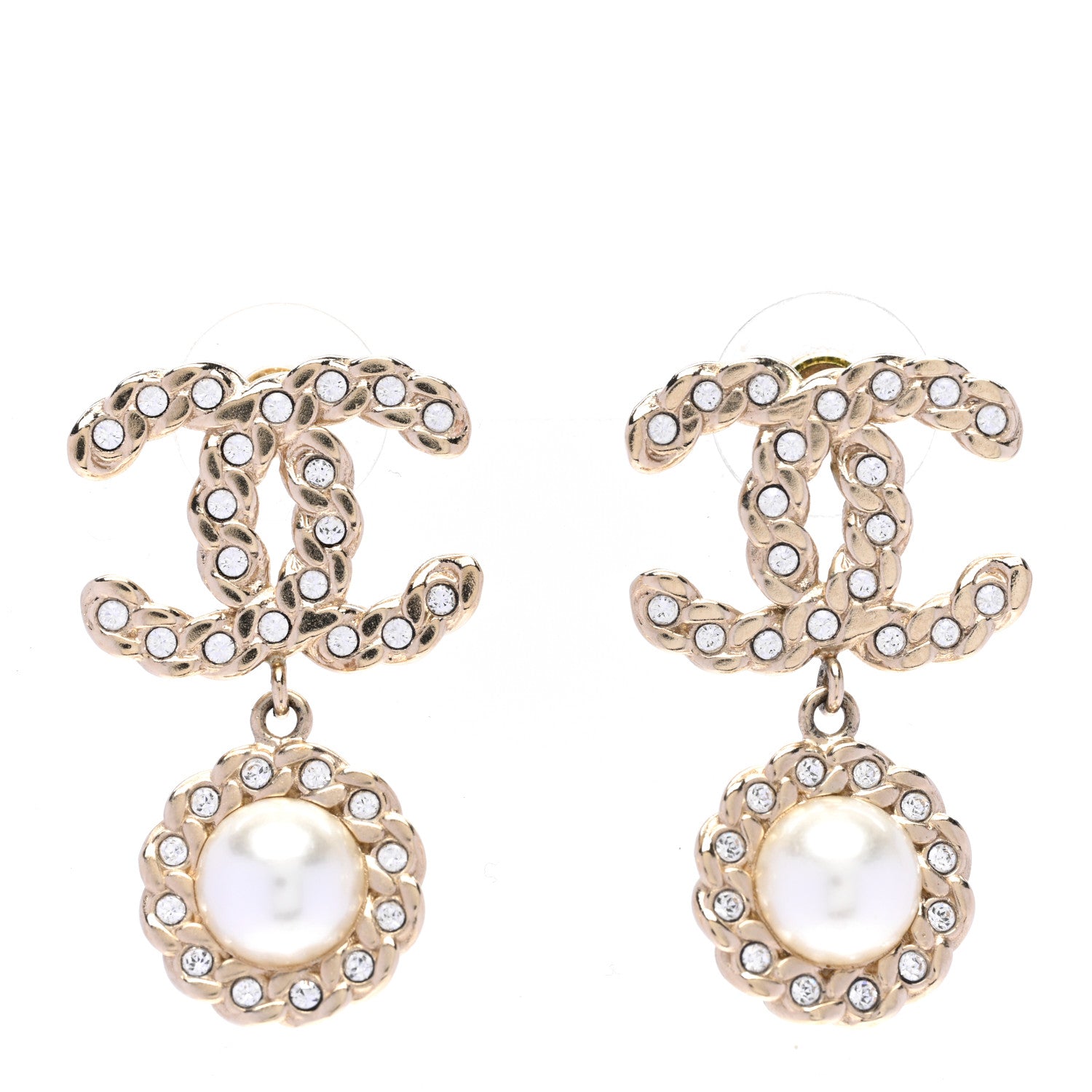 Chanel Crystal CC Pearl Drop Earrings Light Gold 1 of 5