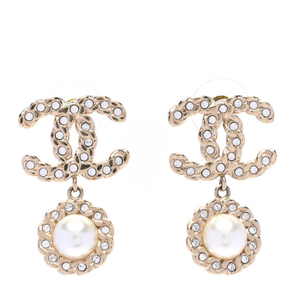 Chanel Crystal CC Pearl Drop Earrings Light Gold 1 of 5