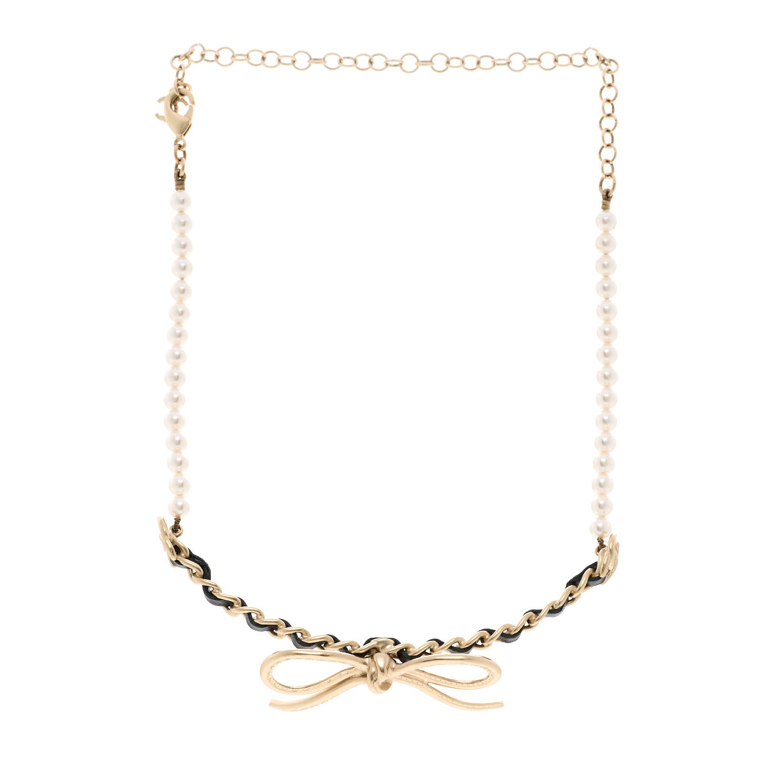 Chanel Calfskin Pearl Metal CC Bow Choker Necklace Gold White Black 3 of 5