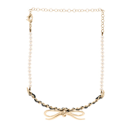 Chanel Calfskin Pearl Metal CC Bow Choker Necklace Gold White Black 3 of 5