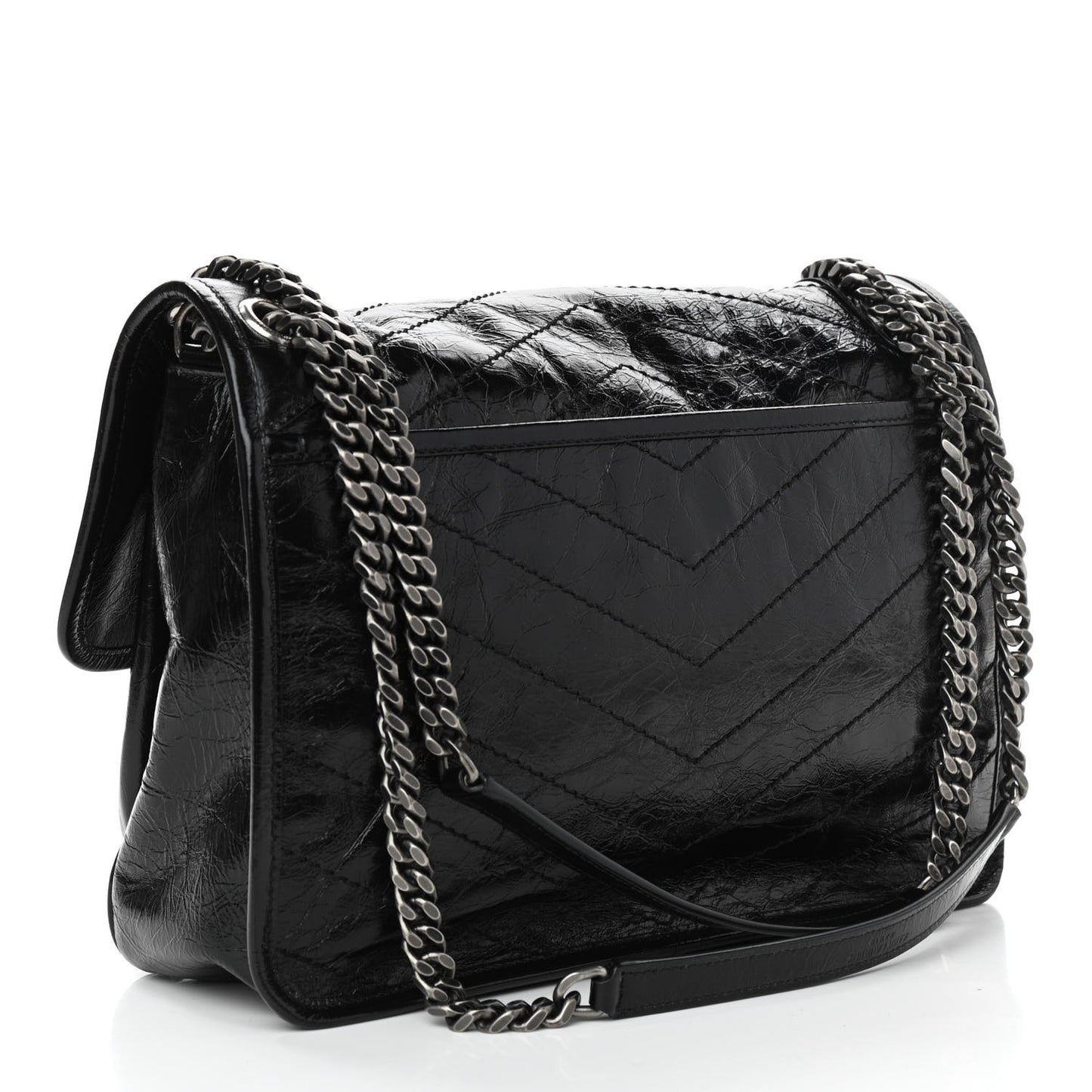 Crinkled Calfskin Matelasse Monogram Medium Niki Chain Satchel Black