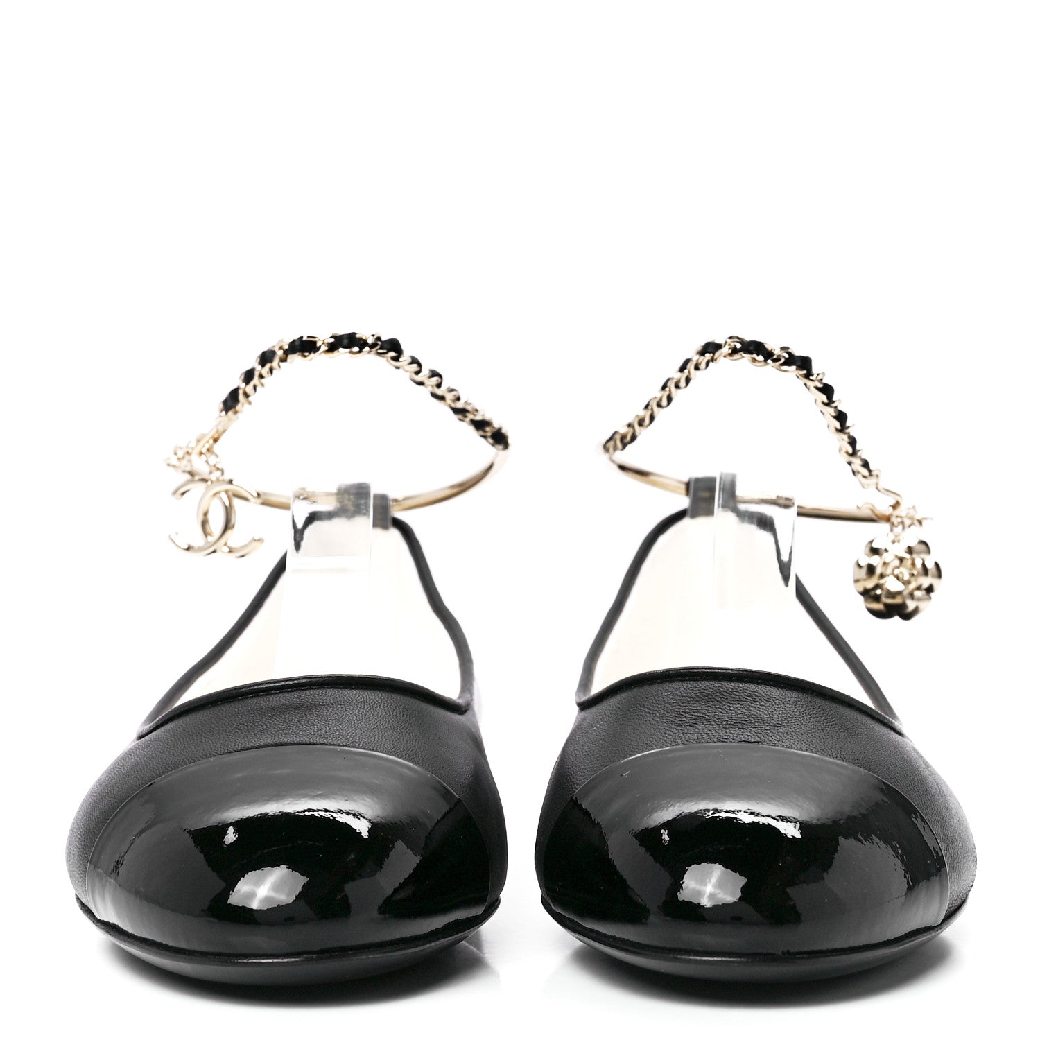 Chanel Lambskin Patent Calfskin Cap Toe Ankle Chain Ballerina Flats 38 Black 2 of 9