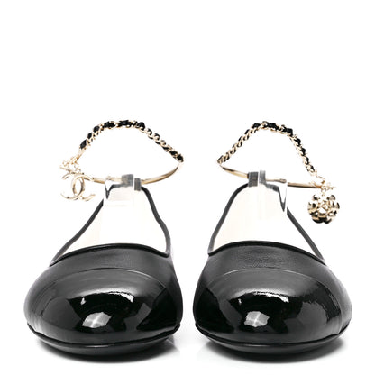 Chanel Lambskin Patent Calfskin Cap Toe Ankle Chain Ballerina Flats 38 Black 2 of 9
