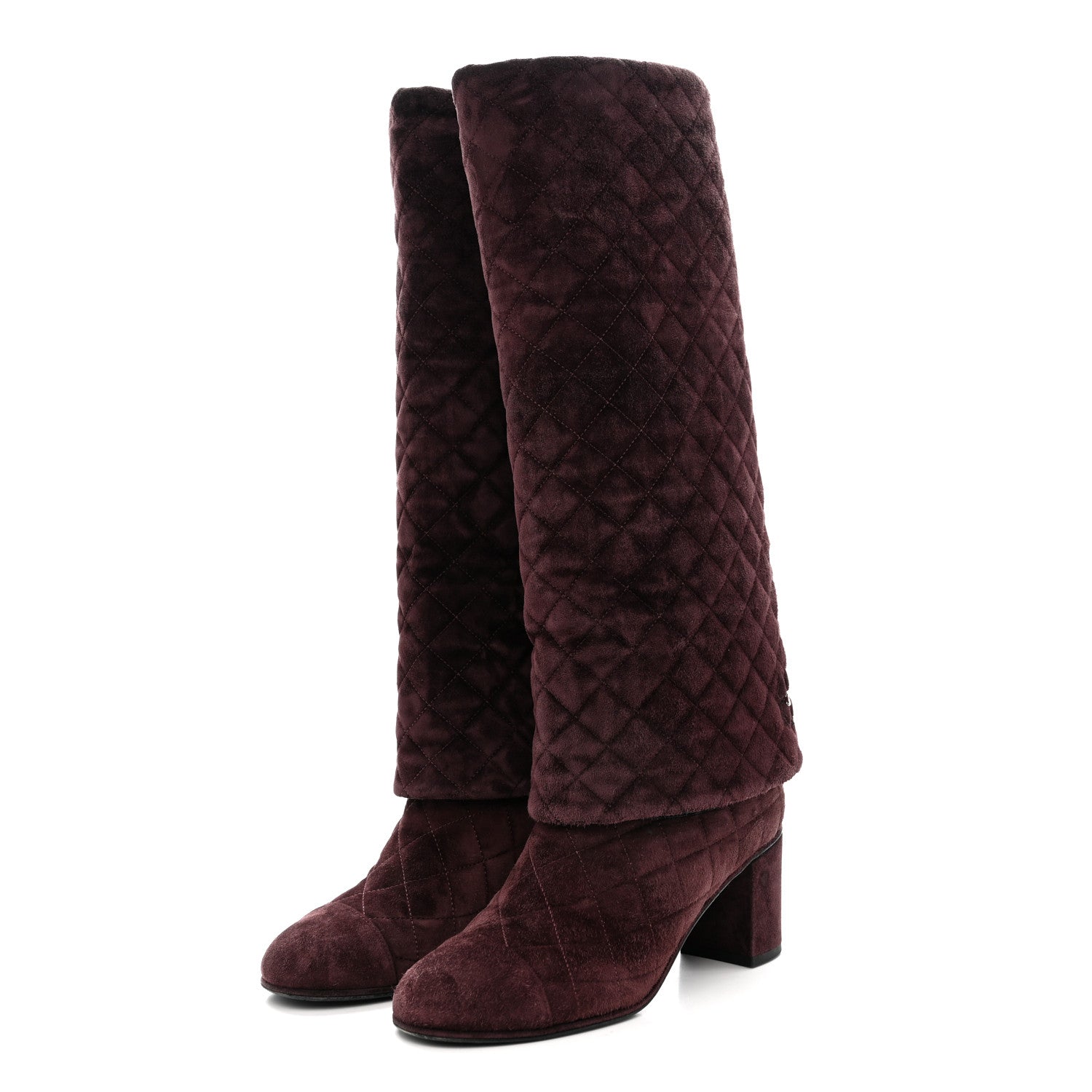 Chanel Suede Calfskin Quilted CC Fold Over High Boots 38.5 Dark Purple 3 of 7