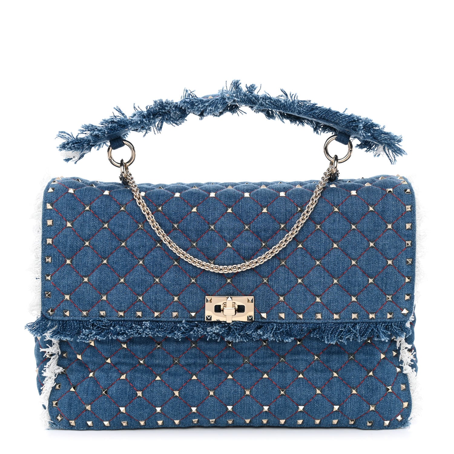 Valentino Garavani Denim Fringe Maxi Rockstud Spike Shoulder Bag Blue 1 of 10