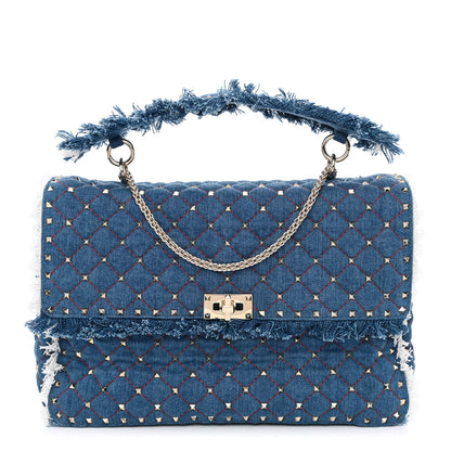 Valentino Garavani Denim Fringe Maxi Rockstud Spike Shoulder Bag Blue 1 of 10