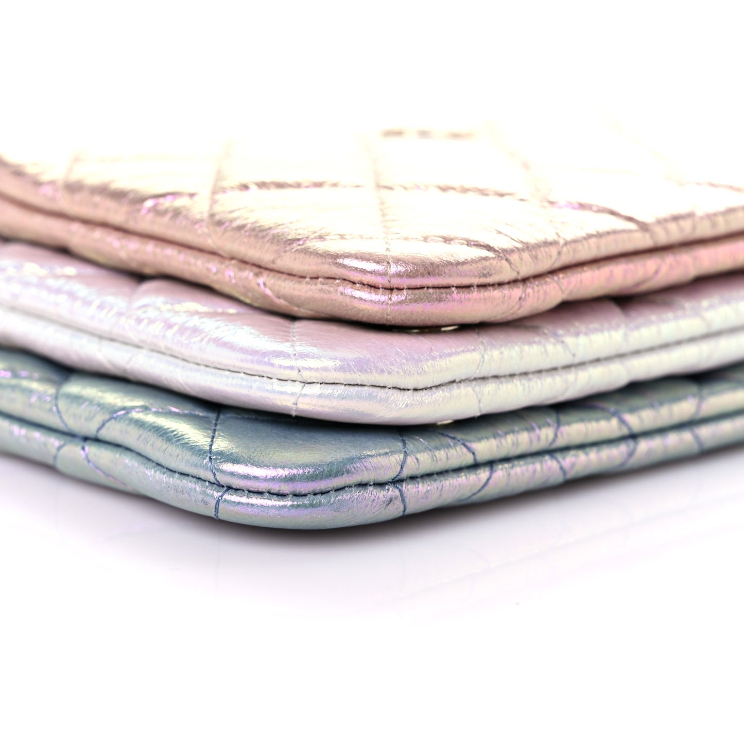Iridescent Crumpled Calfskin Trio Cosmetic Case Blue Pink Ivory