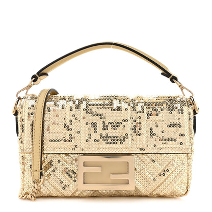 Fendi Ricamo Sequin Paillettes Vitello Grace FF Mini Baguette Oro Chiaro 1 of 10
