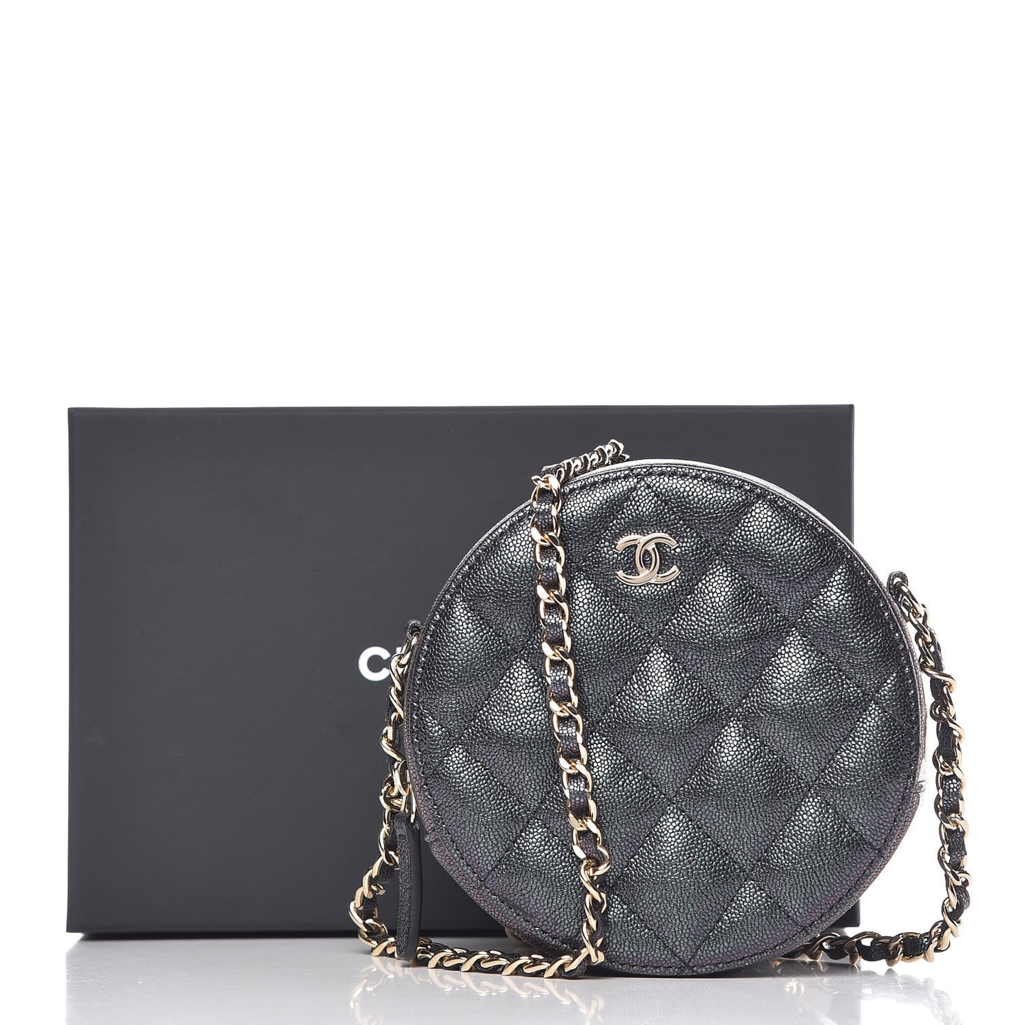 Iridescent Caviar Quilted Round Clutch With Chain Black