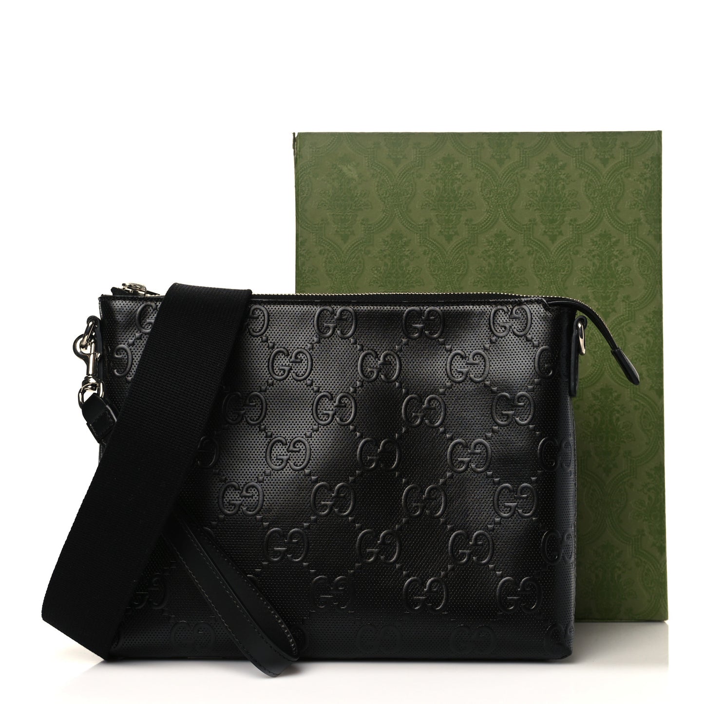 Calfskin GG Tennis Embossed Medium Wristlet Messenger Bag Black