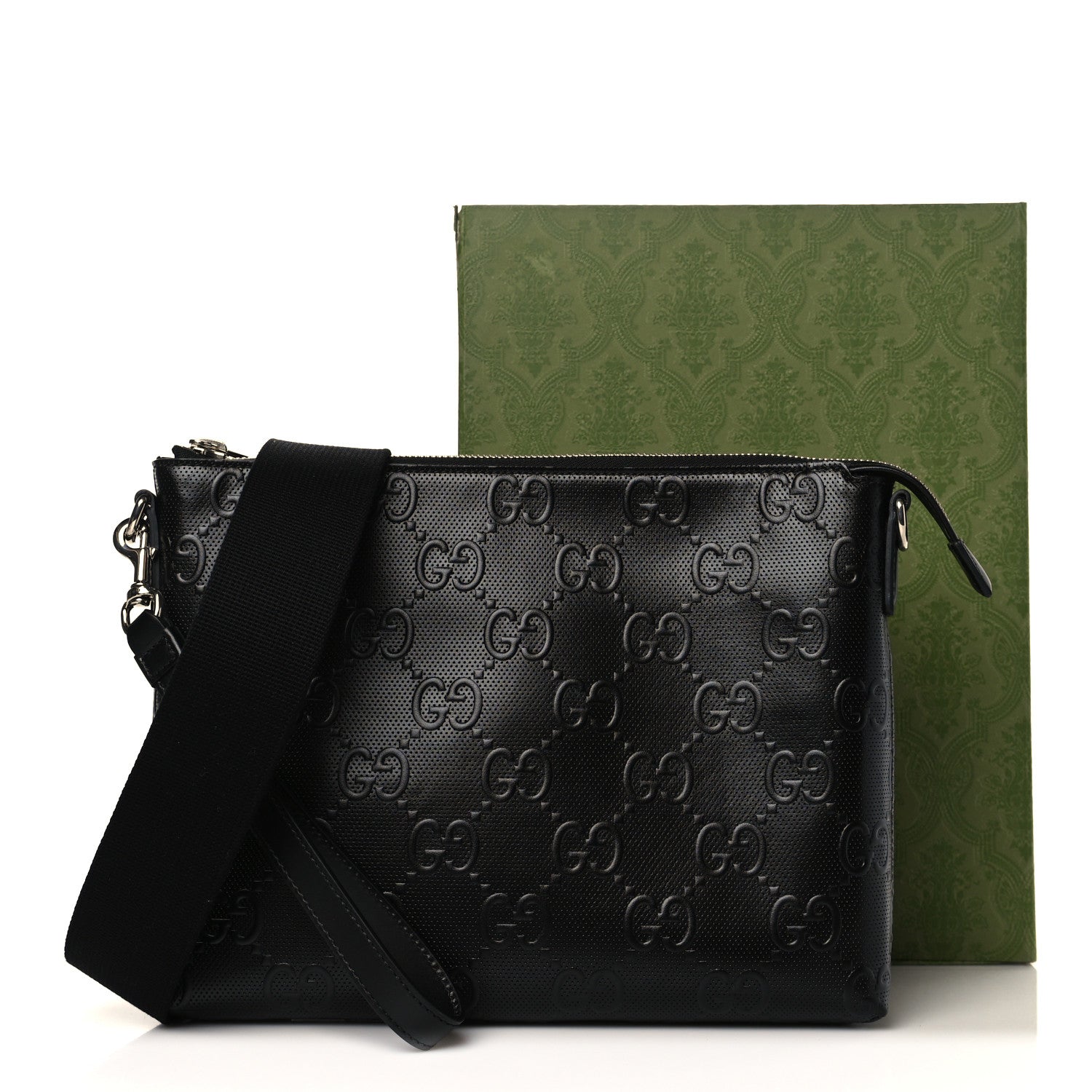 Gucci Calfskin GG Tennis Embossed Medium Wristlet Messenger Bag Black 8 of 8