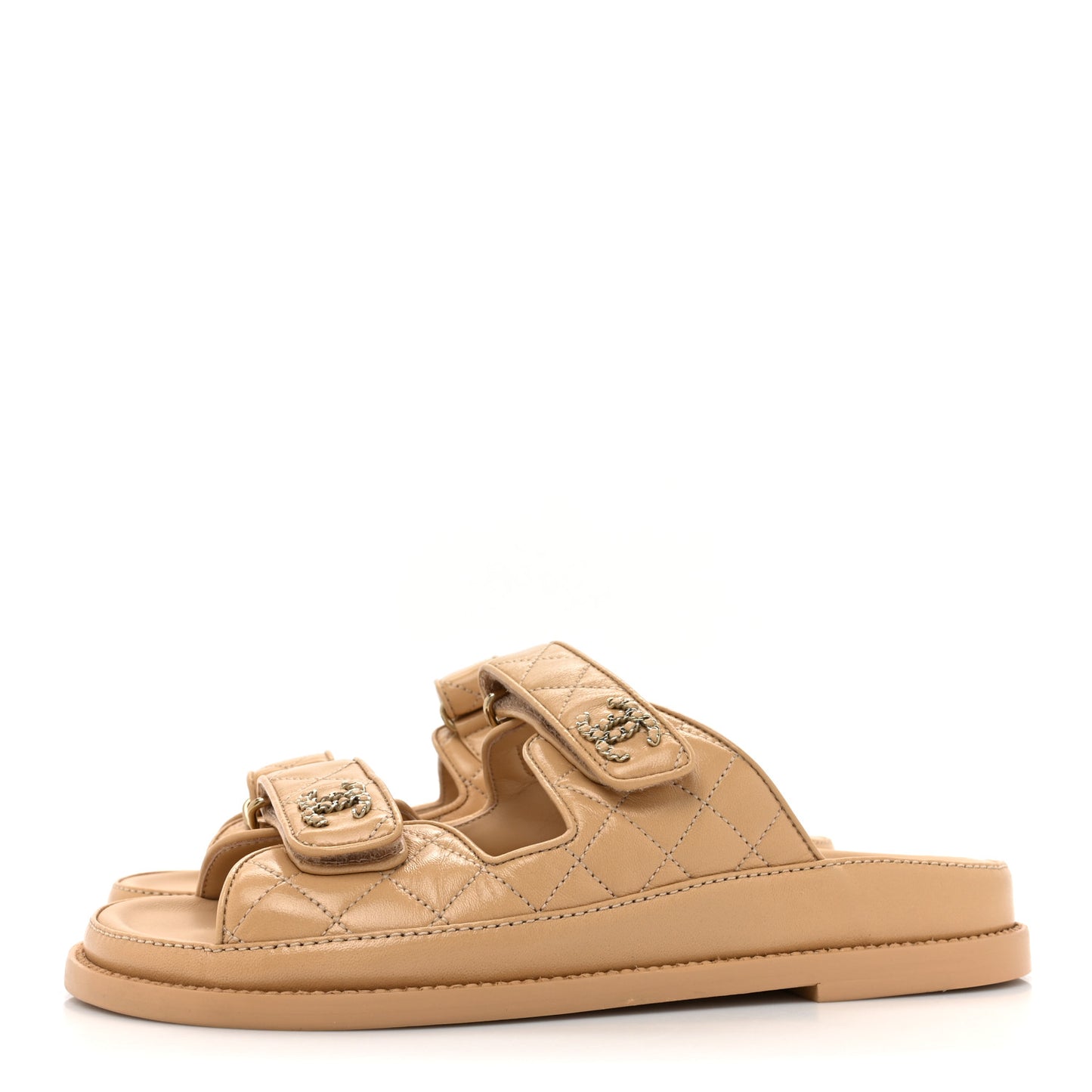 Lambskin Quilted Velcro Dad Chain CC Slide Sandals 38 Beige