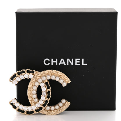 Chanel Lambskin Pearl Crystal Quilted CC Brooch Black Gold 4 of 4