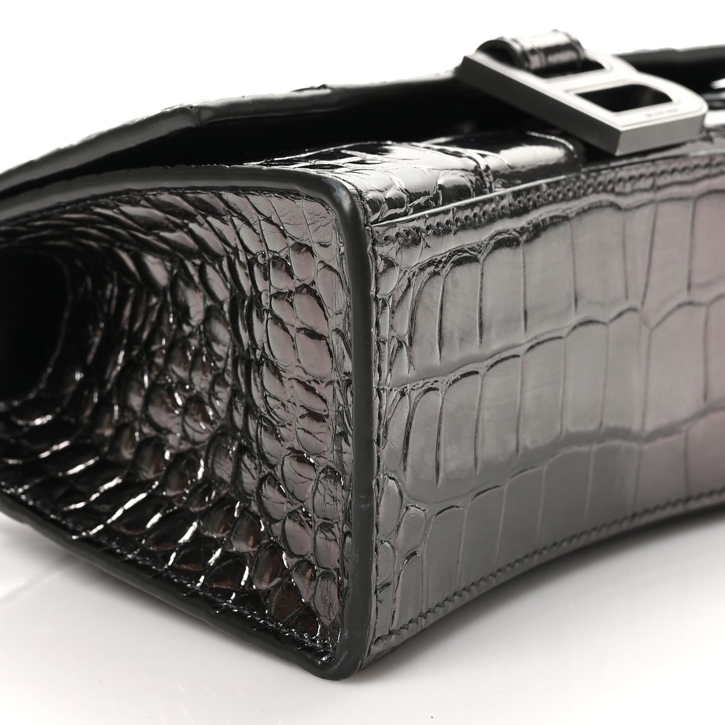Metallic Shiny Calfskin Crocodile Embossed Hourglass Top Handle Bag XS Gunmetal