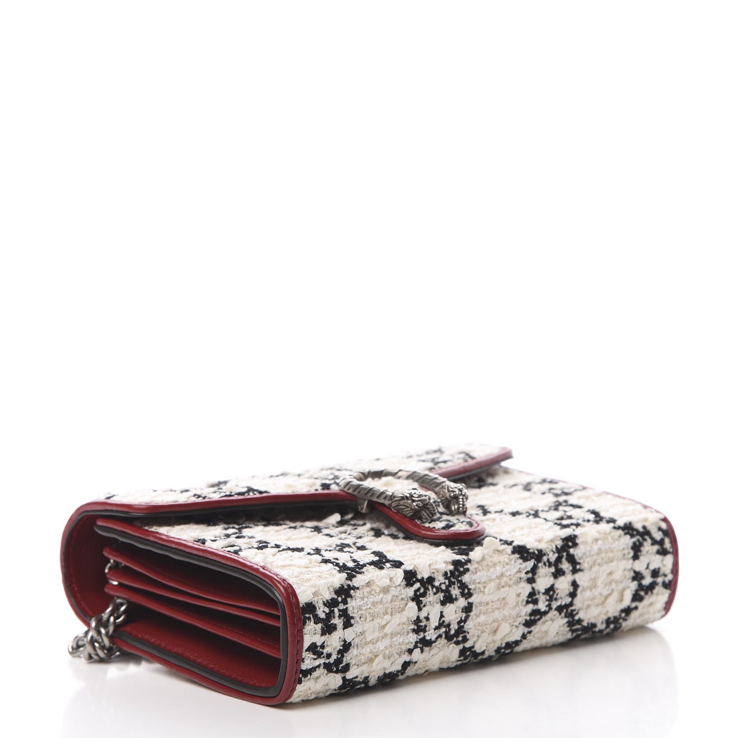 Gucci Tweed GG Monogram Mini Dionysus Chain Wallet White Black Romantic Cherry 4 of 11