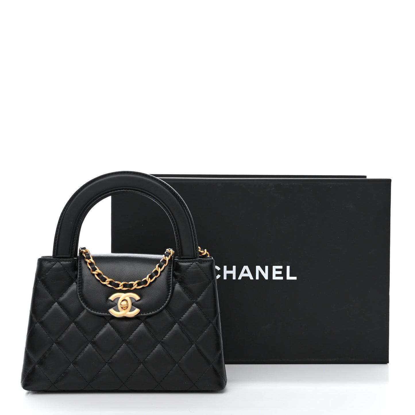 Shiny Aged Calfskin Quilted Nano Kelly Shopper Black