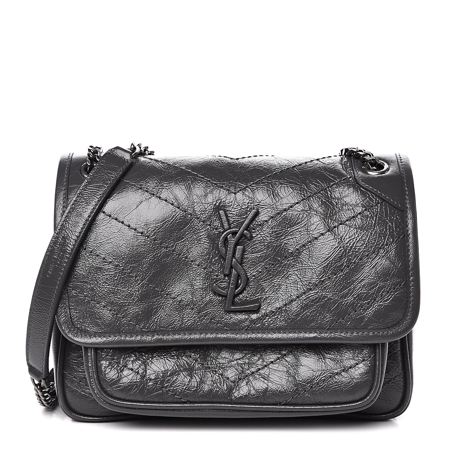Saint Laurent Crinkled Calfskin Matelasse Monogram Baby Niki Chain Satchel Storm 1 of 10