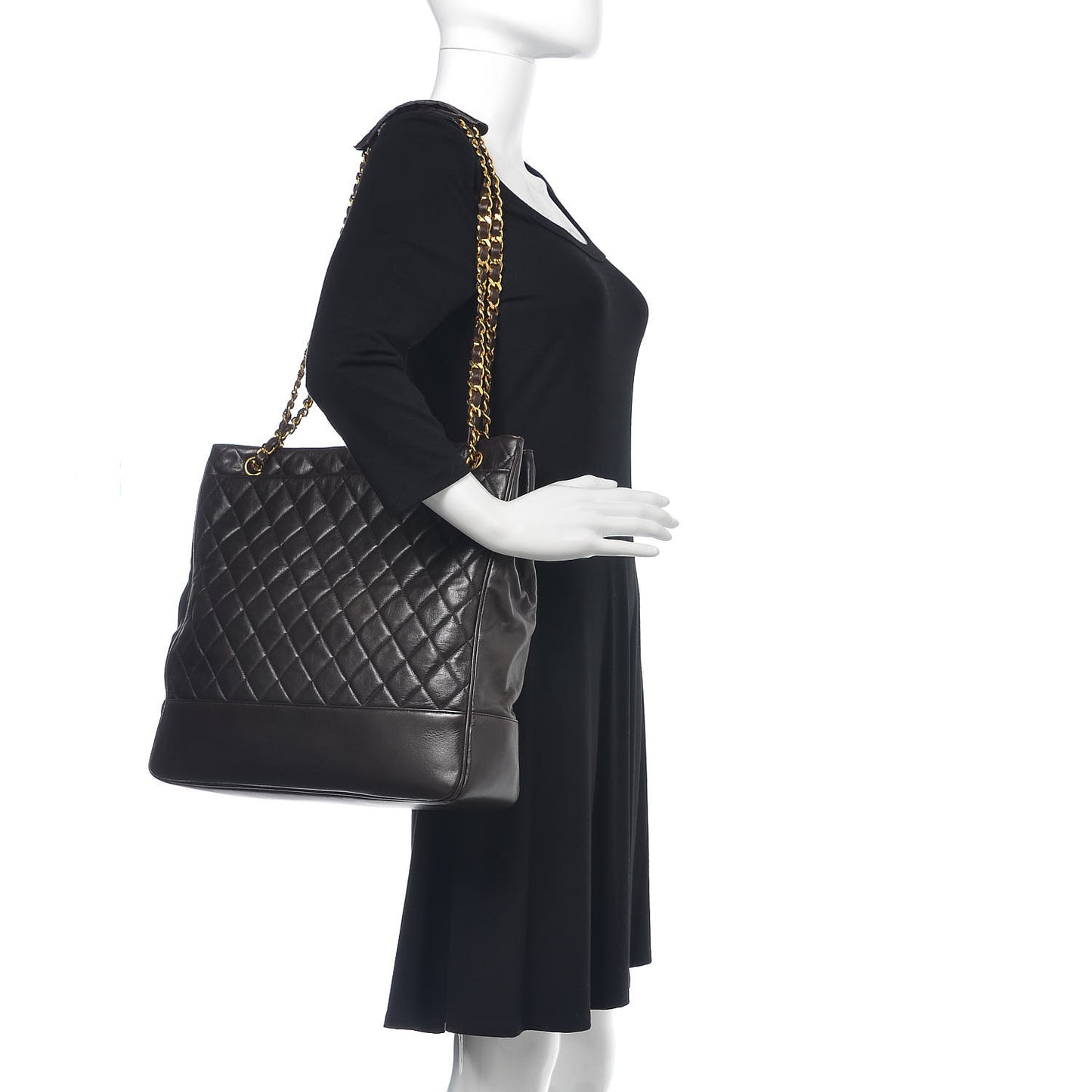 Lambskin Quilted Shopping Tote Dark Brown