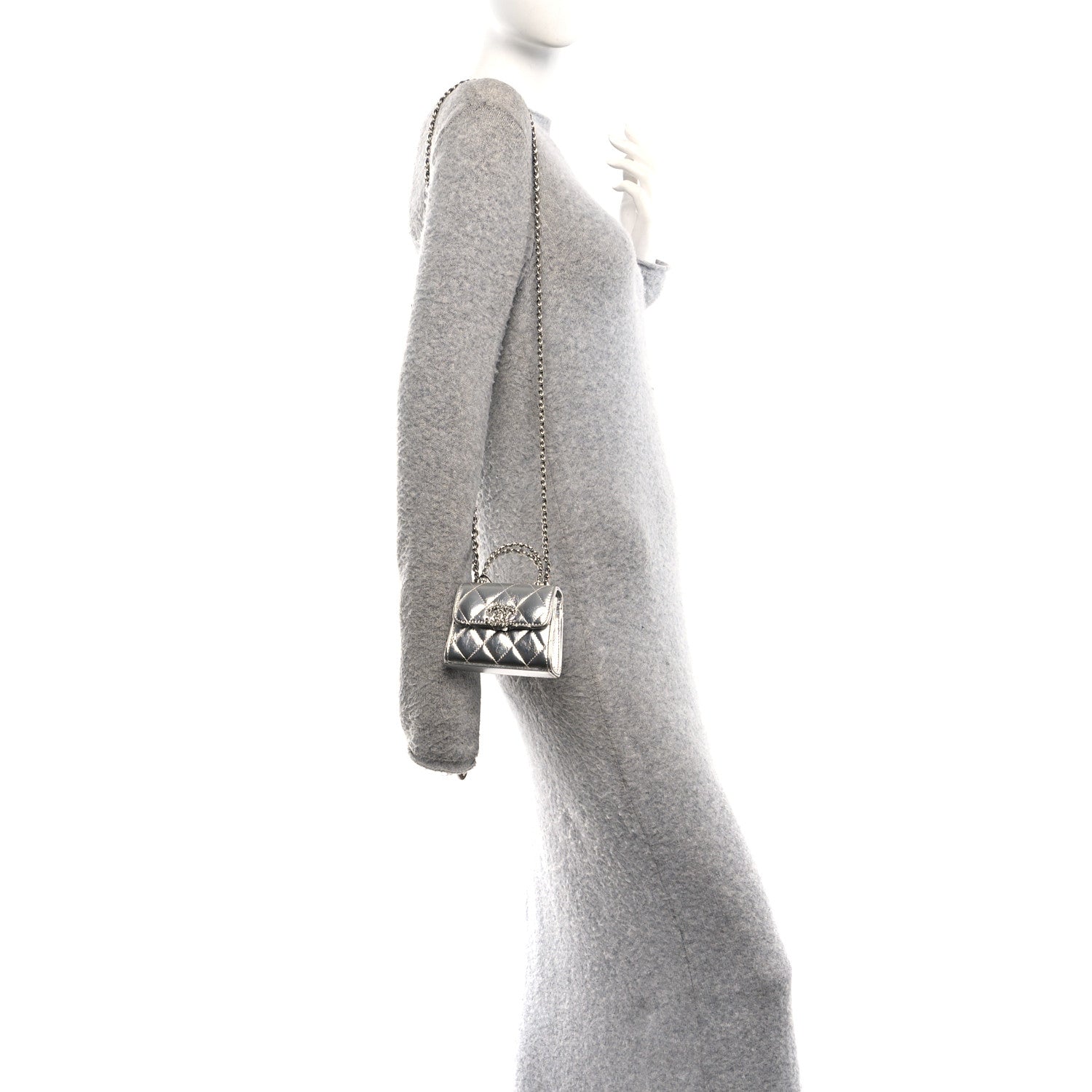 Chanel Metallic Lambskin Quilted Mini Chain CC Top Handle Clutch With Chain Silver 2 of 10