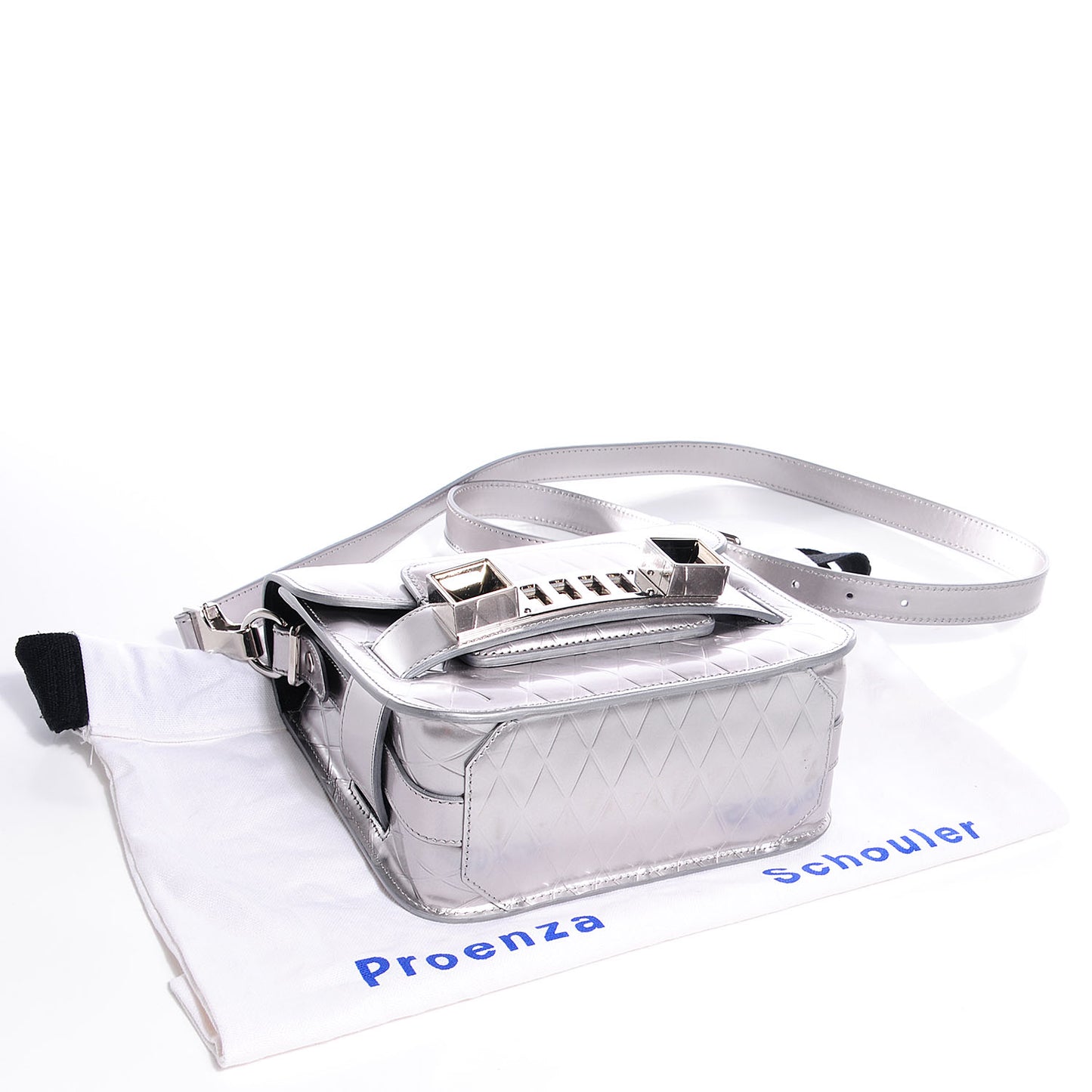 Diamond Embossed Patent Mini PS11 Classic Shoulder Bag Silver