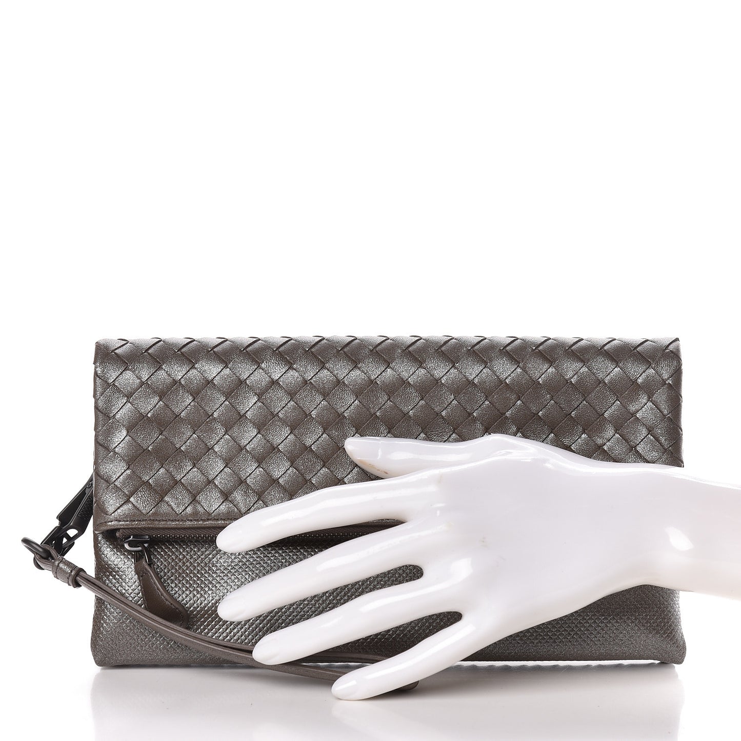 Metallic Nappa Intrecciato Flap Wristlet Light Grey