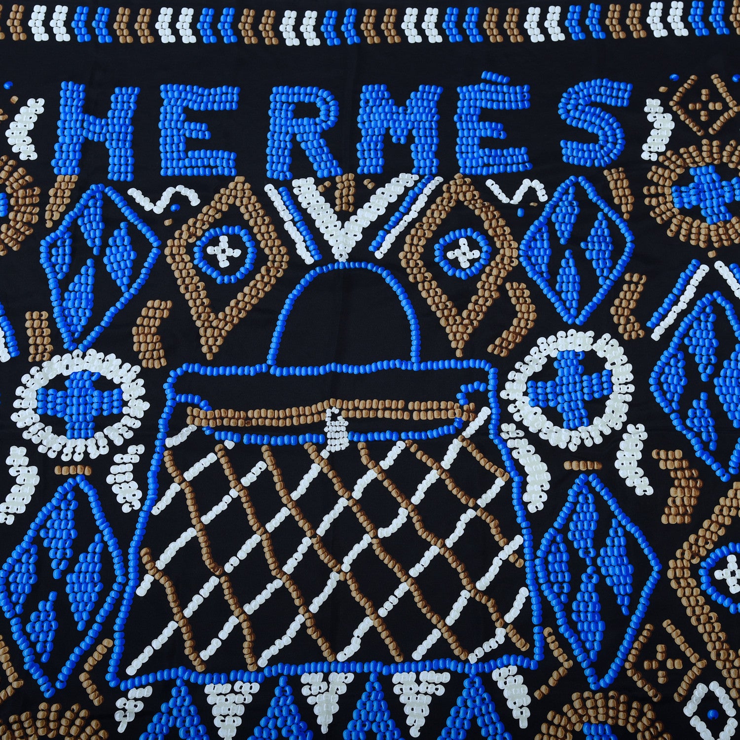 Hermes Silk Twill Kelly En Perles Giant Scarf 140 Black Bleu Marron G 3 of 6