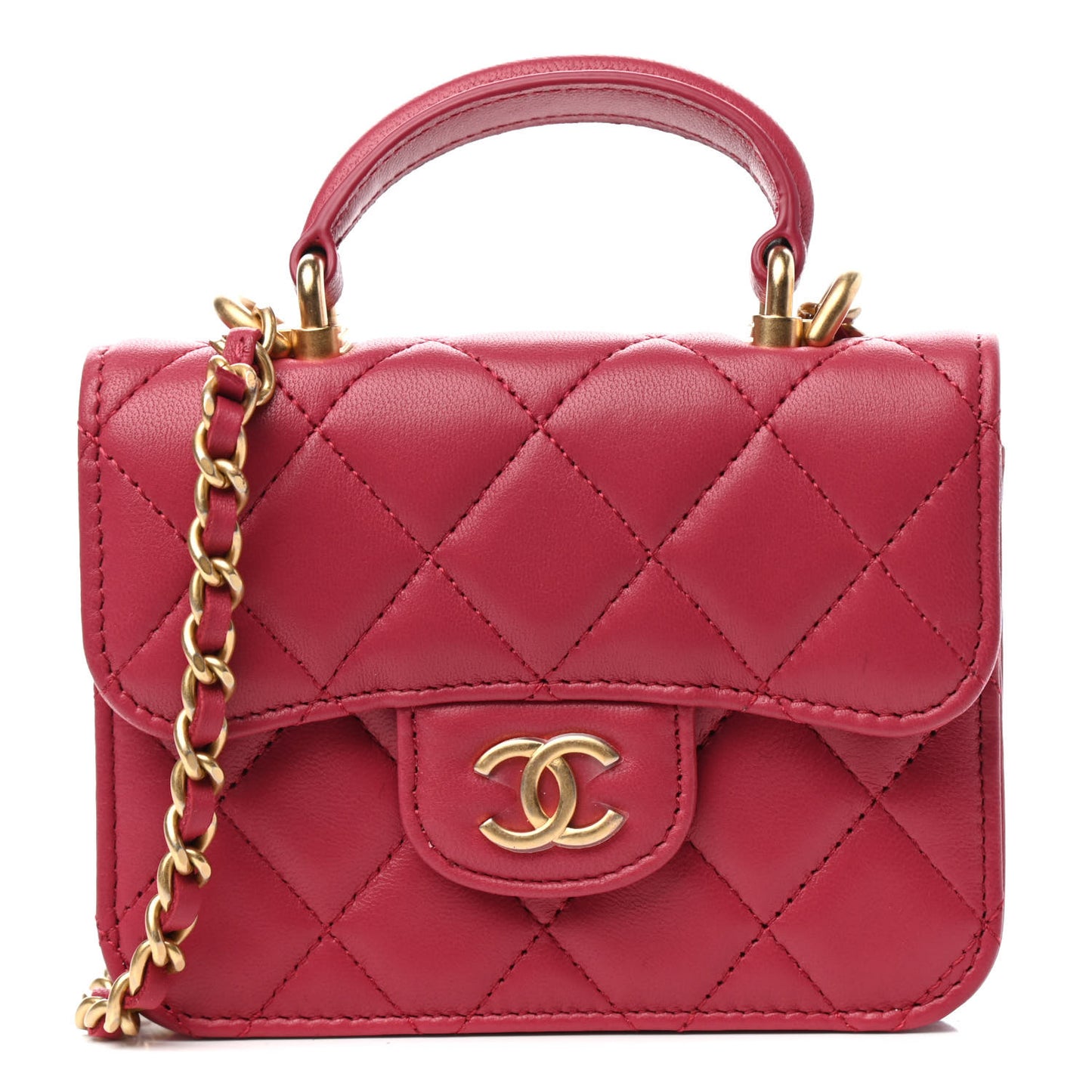 Lambskin Quilted Top Handle Flap Coin Purse With Chain Dark Pink