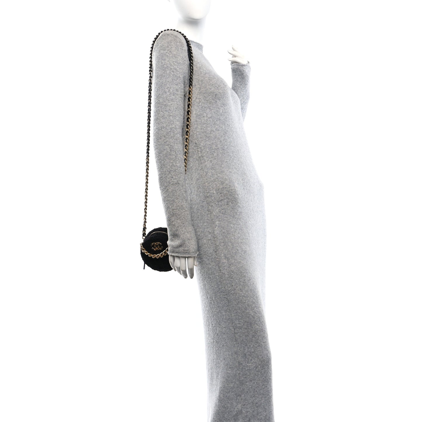 Tweed Quilted 19 Round Clutch With Chain Black