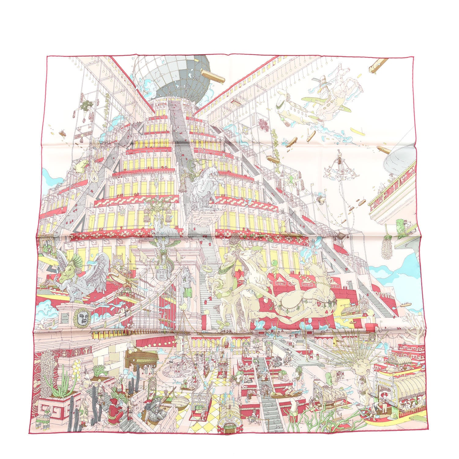 Hermes Silk La Legende Du Cheval A Plumes Scarf 90 Rose Pale Jaune Vif Turquoise 1 of 4