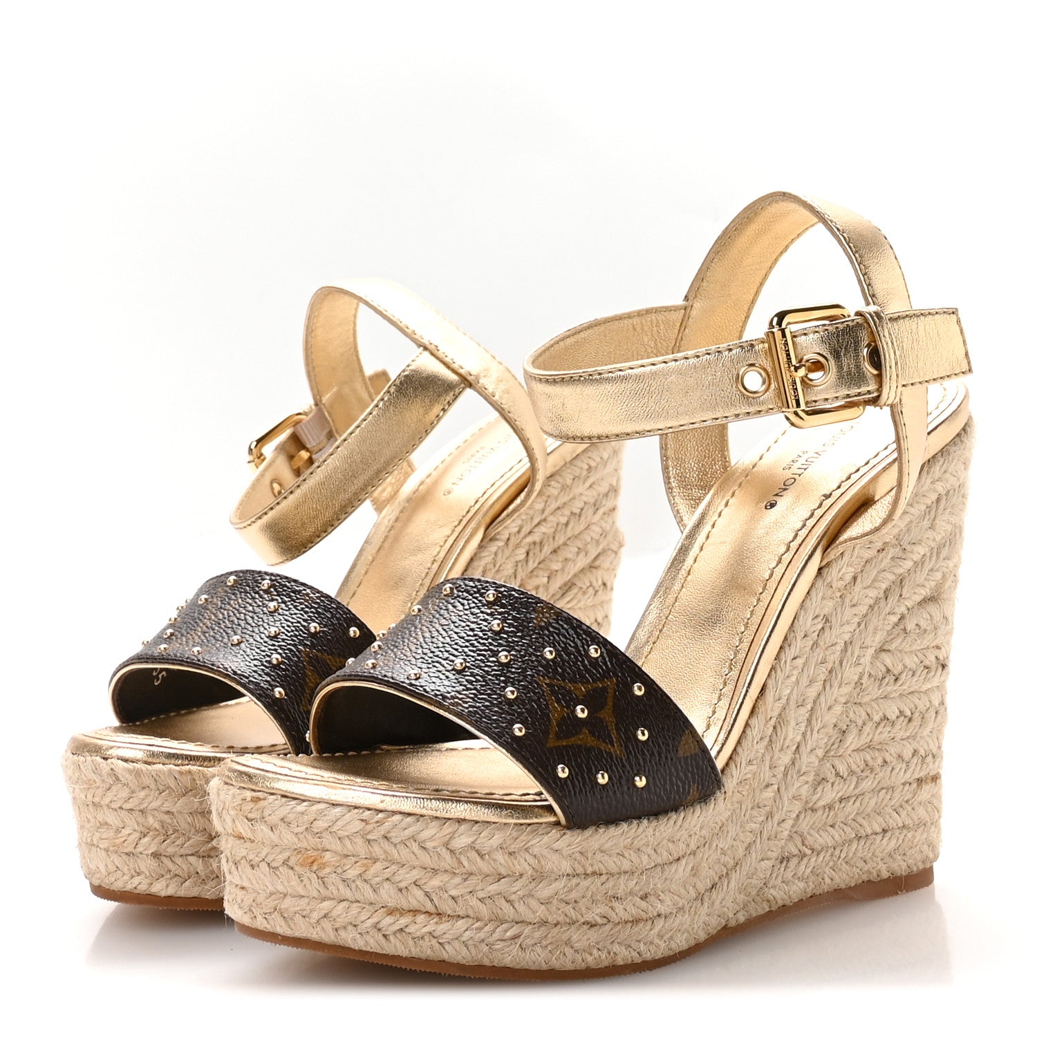 Louis Vuitton Metallic Monogram Calfskin Studded Wedge Sandals 35 Gold 4 of 9