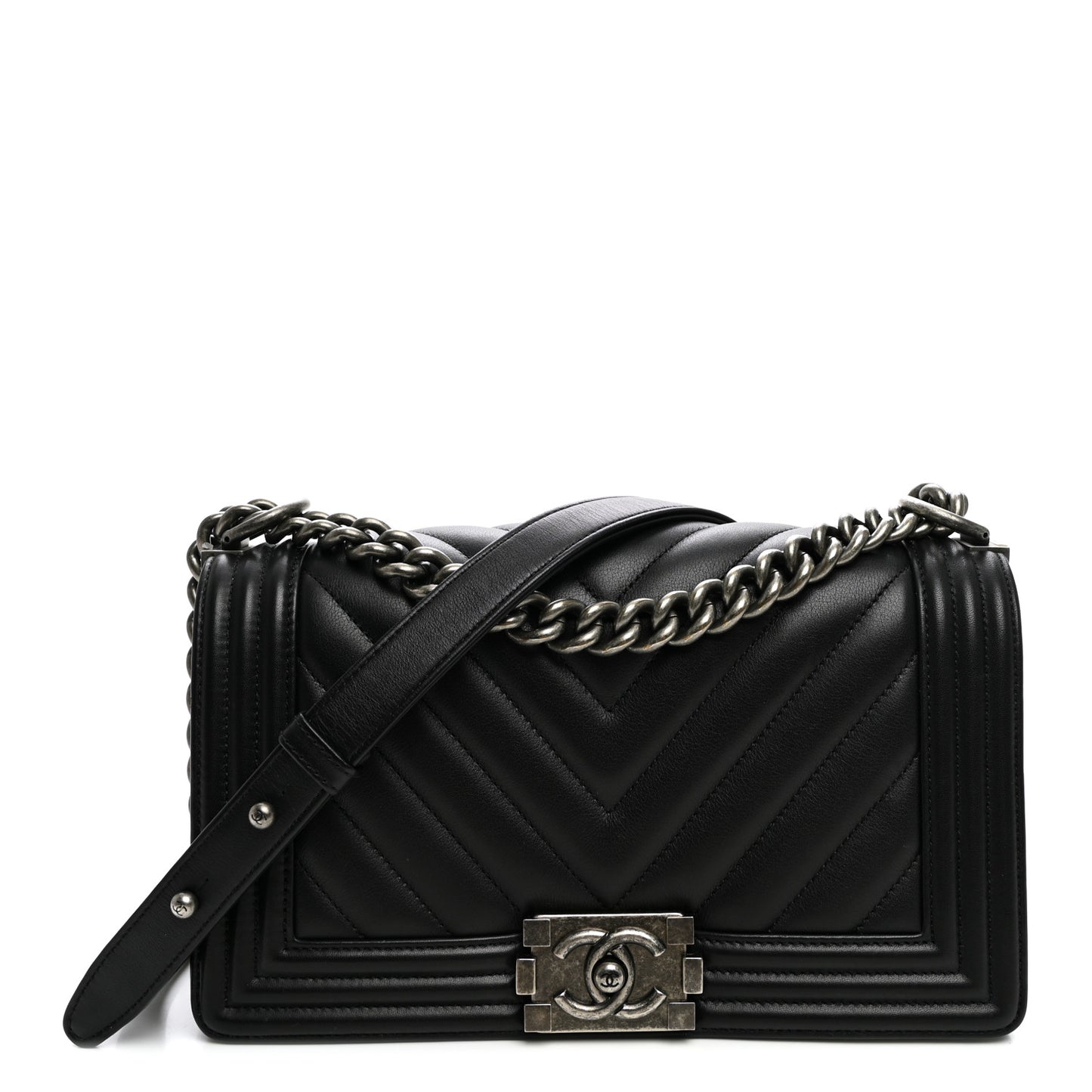 Calfskin Chevron Quilted Medium Boy Flap Black