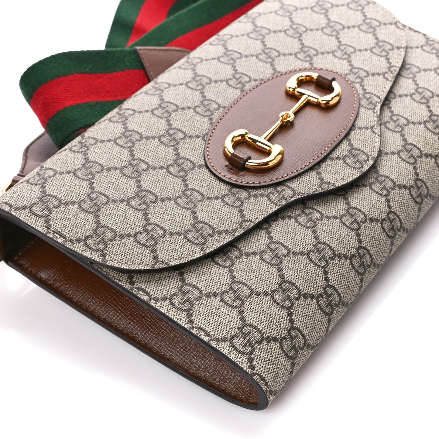 GG Supreme Monogram Azalea Calfskin Web Small Horsebit 1955 Crossbody Bag Beige Ebony Brown Sugar